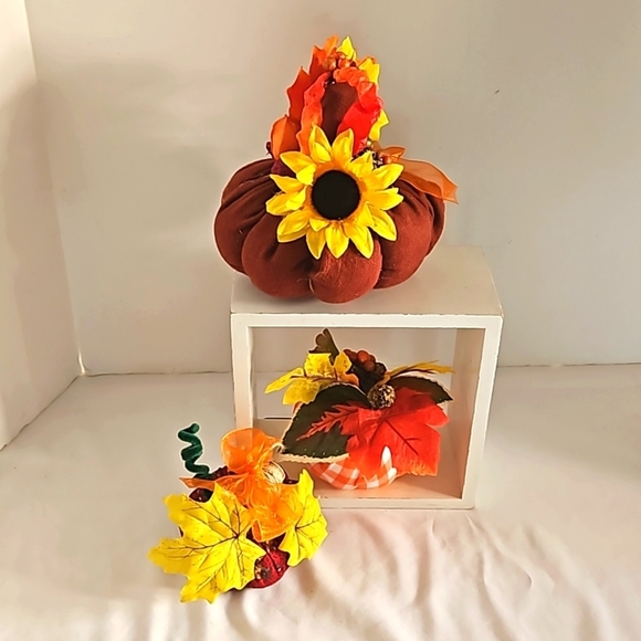 Hand Crafted Harvest Fabric Pumpkins 3Set Orange Farmhouse Handmade Autum Decor - Picture 16 of 17